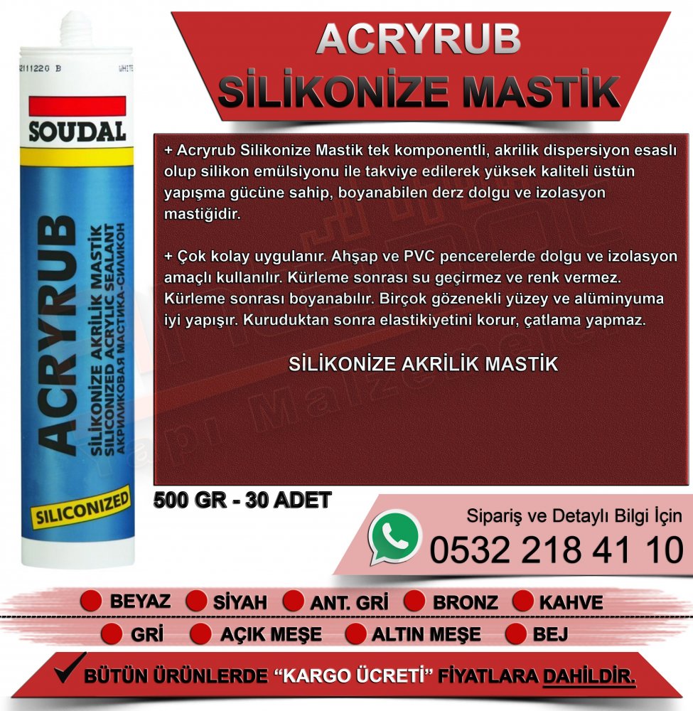 Soudal Acryrub Silikonize Mastik Gri 500 Gr [30 Adet]