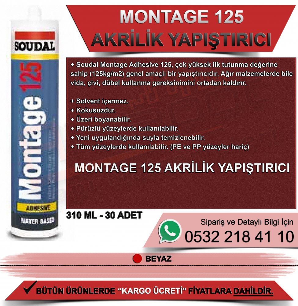 Soudal Montage 125 Akrilik Yapıştırıcı Beyaz 310 ML (30 Adet)