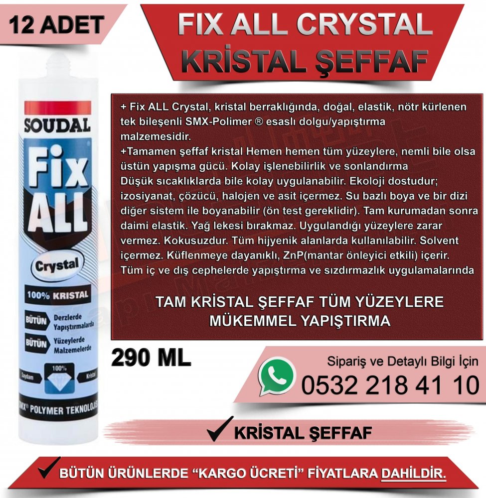 Soudal Fix All Crystal Saydam Yapıştırıcı Şeffaf 290 ML (12 Adet)
