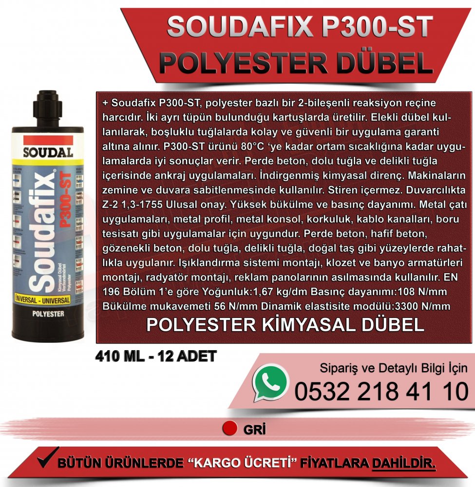 Soudal Soudafix Polyester Kimyasal Dübel P300 Gri 410 ML (12 Adet)