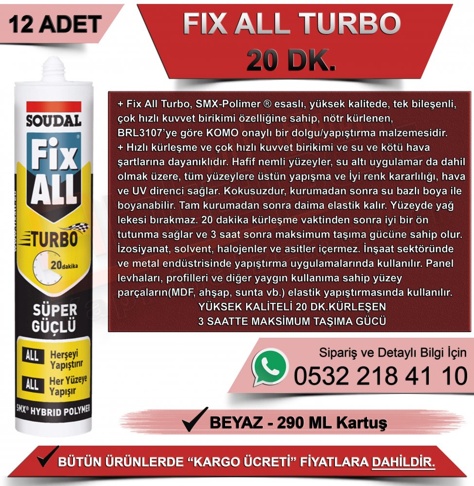 Soudal Fix All Turbo Polimer Mastik 290 Ml Beyaz (12 Adet)