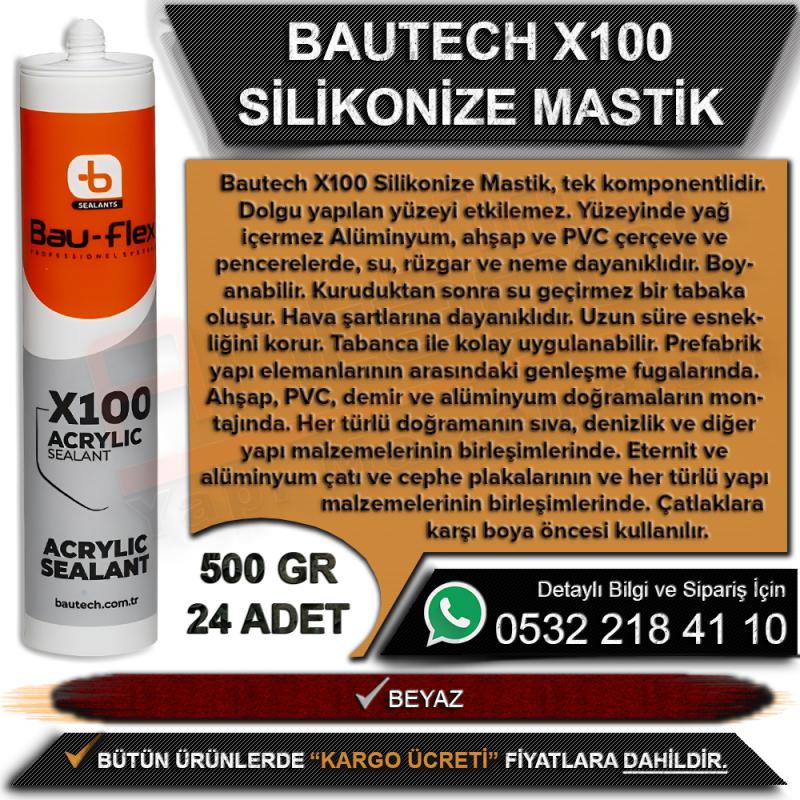 Bautech X100 Silikonize Mastik 500 Gr Beyaz (24 Adet)