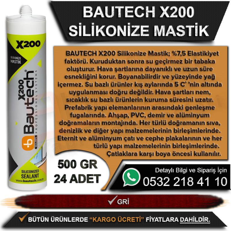 Bautech X200 Silikonize Mastik 500 Gr Gri (24 Adet)