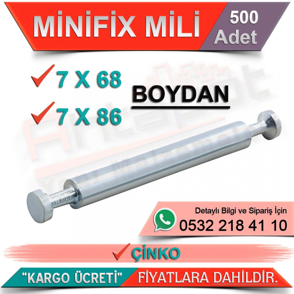 Minifix Mili Boydan 7x68 Çinko (500 Adet)