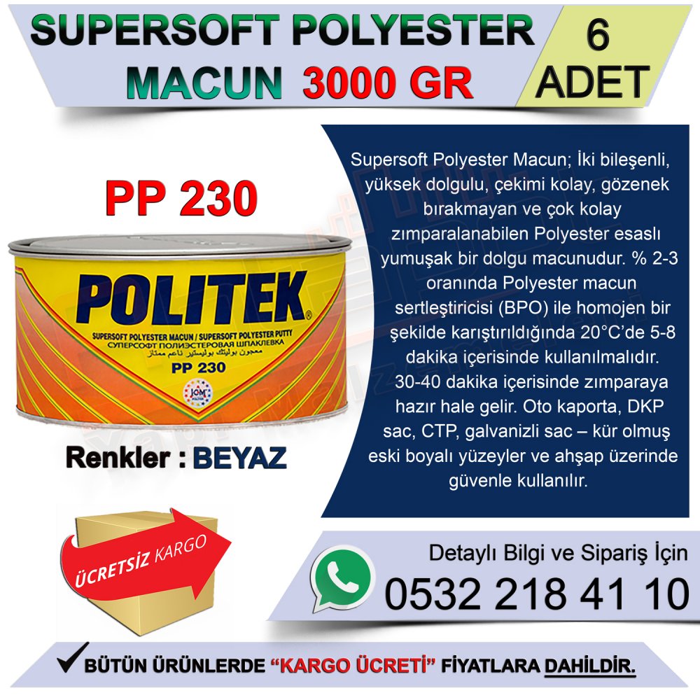 Politek Supersoft Polyester Macun 3.000 Gr Beyaz (6 Adet)