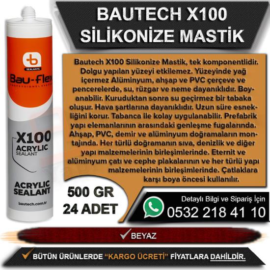 Bautech X100 Silikonize Mastik 500 Gr Beyaz (24 Adet), Bautech, X100, Silikonize, Mastik, Beyaz Mastik, Bautech Mastik, Toptan Mastik, Silikonize Mastik, Bautech Silikonize Mastik, Bautech X100 Silik