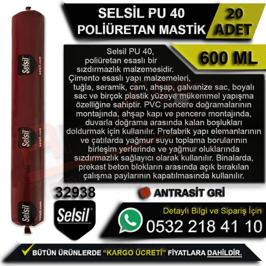 Selsil PU 40 Poliüretan Sosis Mastik 600 Ml Antrasit Gri (20 Adet)