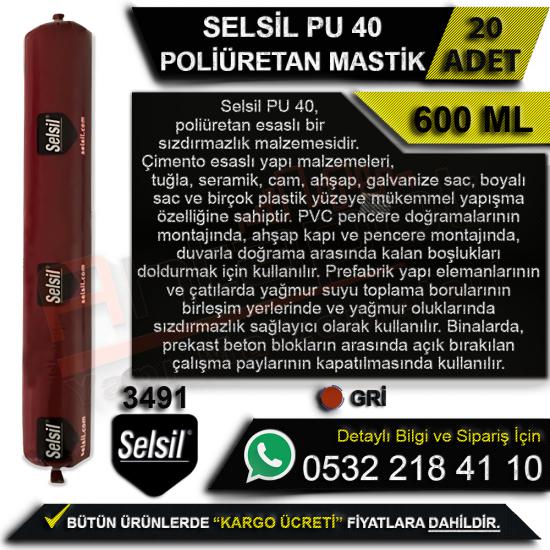 Selsil PU 40 Poliüretan Sosis Mastik 600 Ml Gri