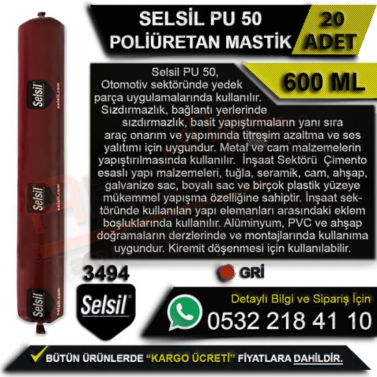 Selsil PU 50 Poliüretan Sosis Mastik 600 Ml Gri