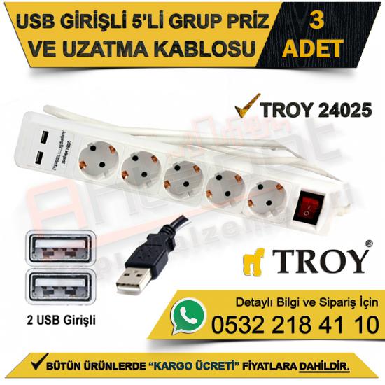 Troy 24025 Usb Girişli Beşli  Grup Priz ve Uzatma Kablosu (3 Adet)