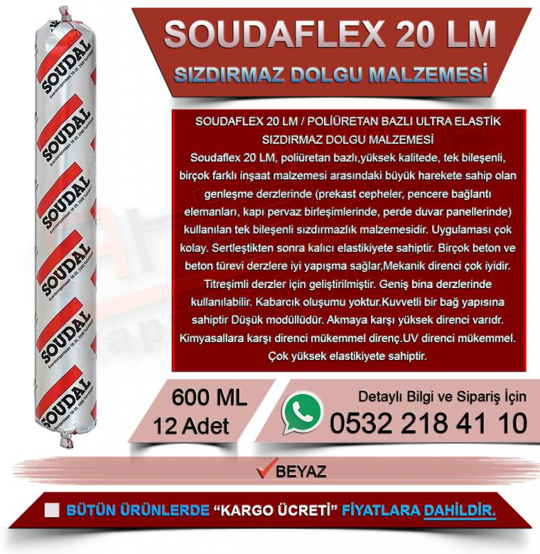 Soudal Soudaflex 20 Lm Poliüretan Bazlı Ultra Elastik Sızdırmaz Dolgu Malzemesi Beyaz 600 Ml (12 Adet)
